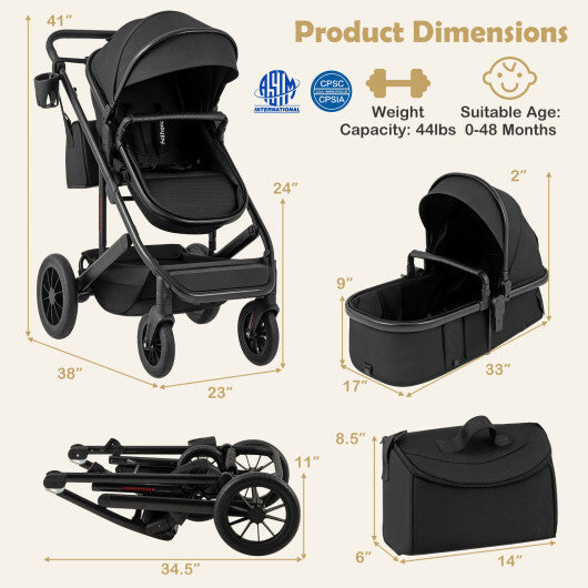 3-in-1 Folding Convertible Newborn Stroller with Detachable Bassinet-Black LuxuryLifeWay Online Store