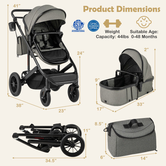 3-in-1 Folding Convertible Newborn Stroller with Detachable Bassinet-Black LuxuryLifeWay Online Store