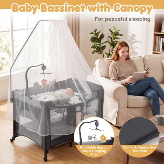 5 in 1 Portable Baby Pack and Play with Music Box and Hanging Toys-Black LuxuryLifeWay Online Store
