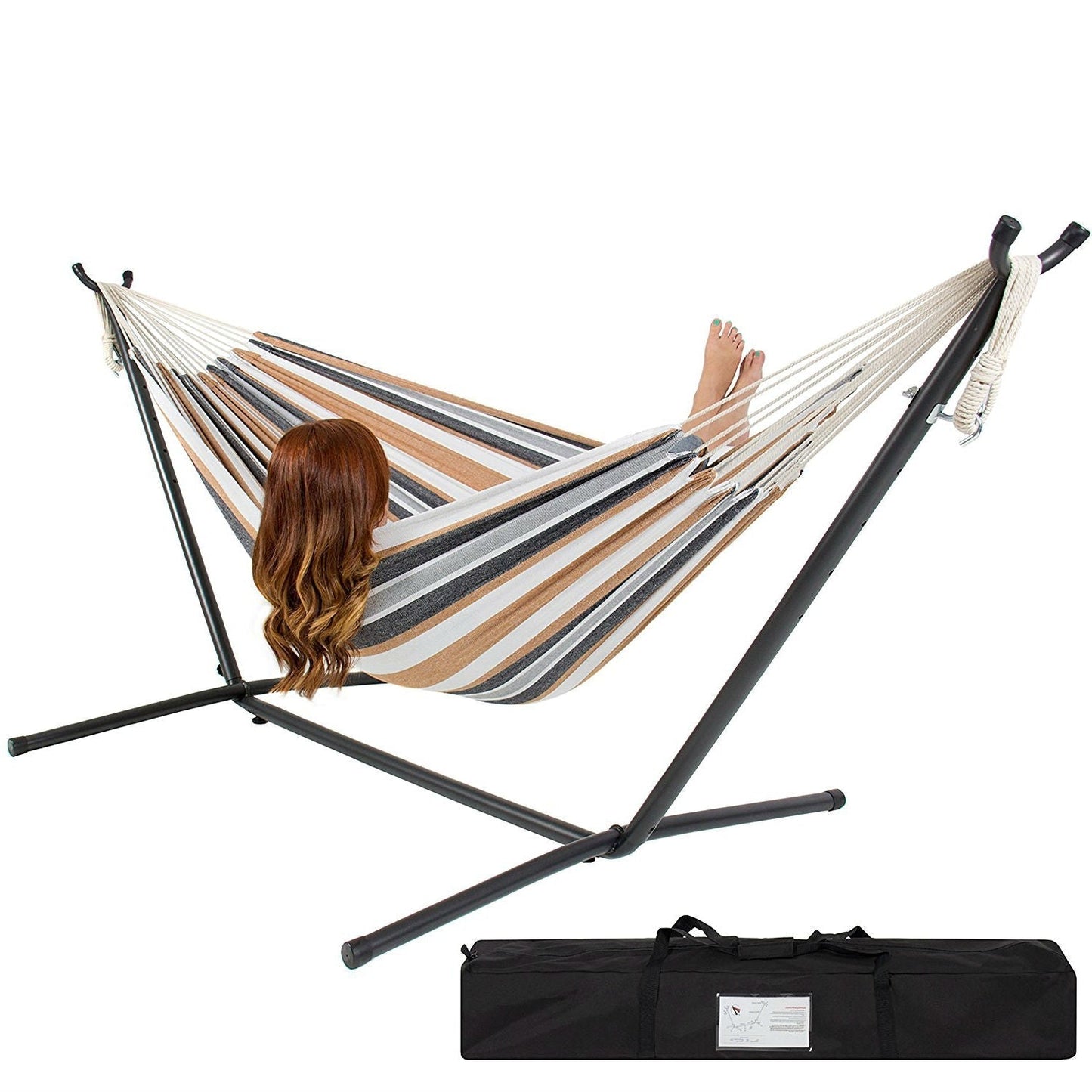 Portable Cotton Hammock in Desert Strip with Metal Stand and Carry Case LuxuryLifeWay Online Store