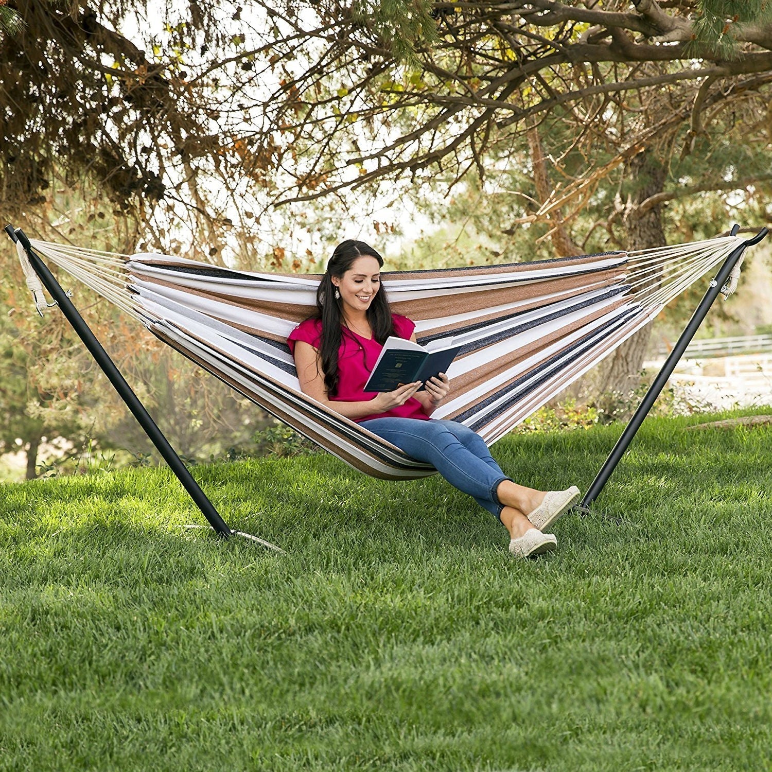 Portable Cotton Hammock in Desert Strip with Metal Stand and Carry Case LuxuryLifeWay Online Store