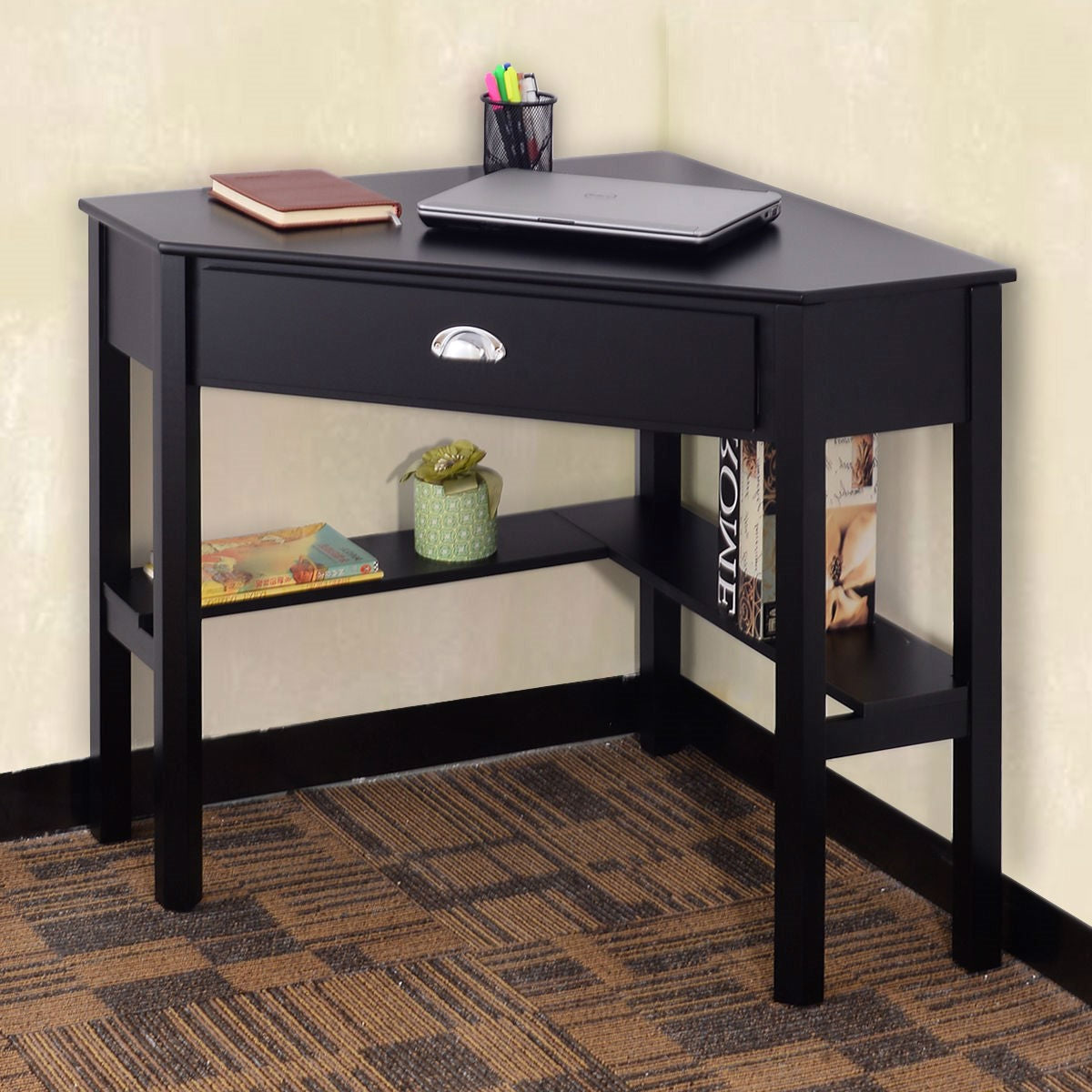 Corner Black Wood Computer Desk with Drawer LuxuryLifeWay Online Store