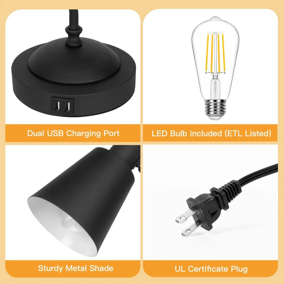 Black Gooseneck Dimmable Table Lamp Desk Light with Touch Control and USB LuxuryLifeWay Online Store