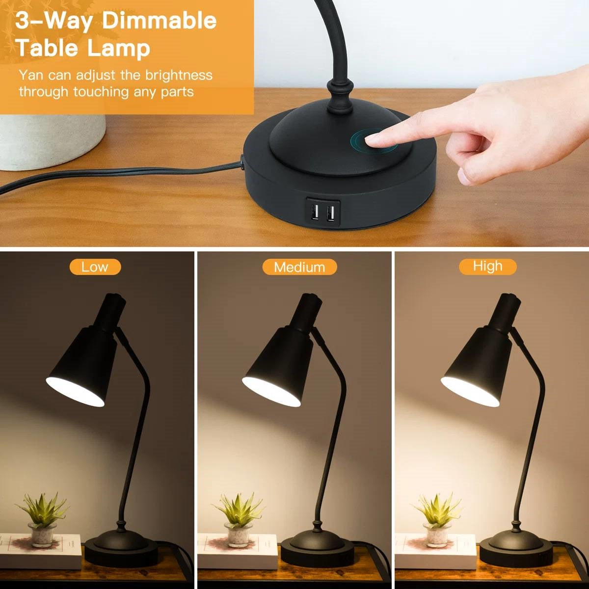 Black Gooseneck Dimmable Table Lamp Desk Light with Touch Control and USB LuxuryLifeWay Online Store