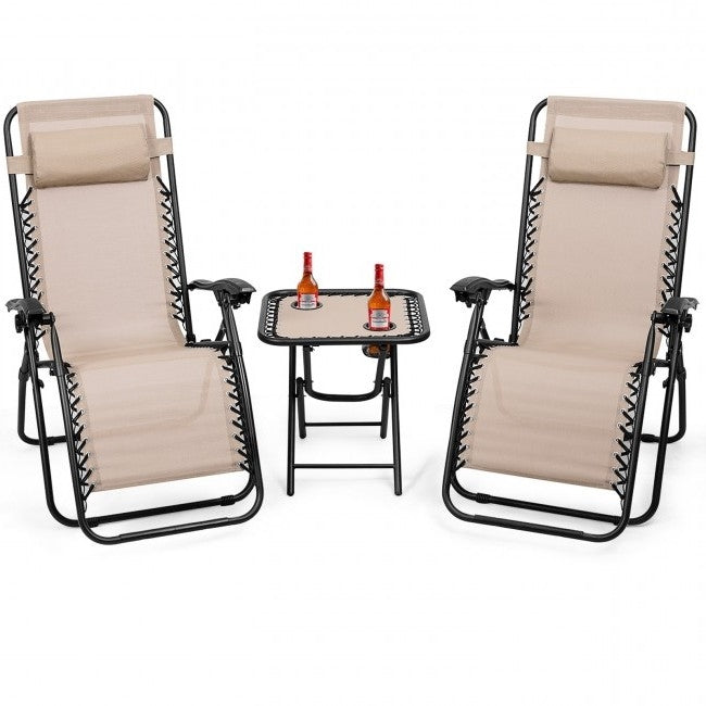 3 Piece Folding Portable Reclining Lounge Chairs Table Set Tan LuxuryLifeWay Online Store