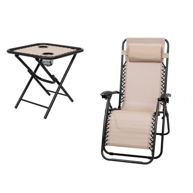 3 Piece Folding Portable Reclining Lounge Chairs Table Set Tan LuxuryLifeWay Online Store