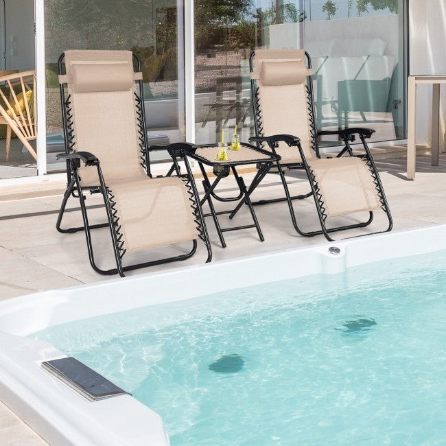 3 Piece Folding Portable Reclining Lounge Chairs Table Set Tan LuxuryLifeWay Online Store