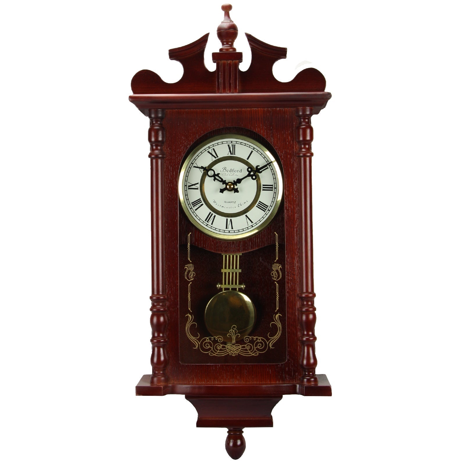 Bedford Collection 25 Inch Wall Clock with Pendulum and Chime in Dark Redwood Oak Finish LuxuryLifeWay Online Store