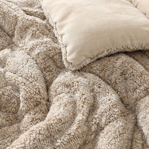 Full/Queen Plush Sherpa Reversible Micro Suede Comforter Set in Beige LuxuryLifeWay Online Store