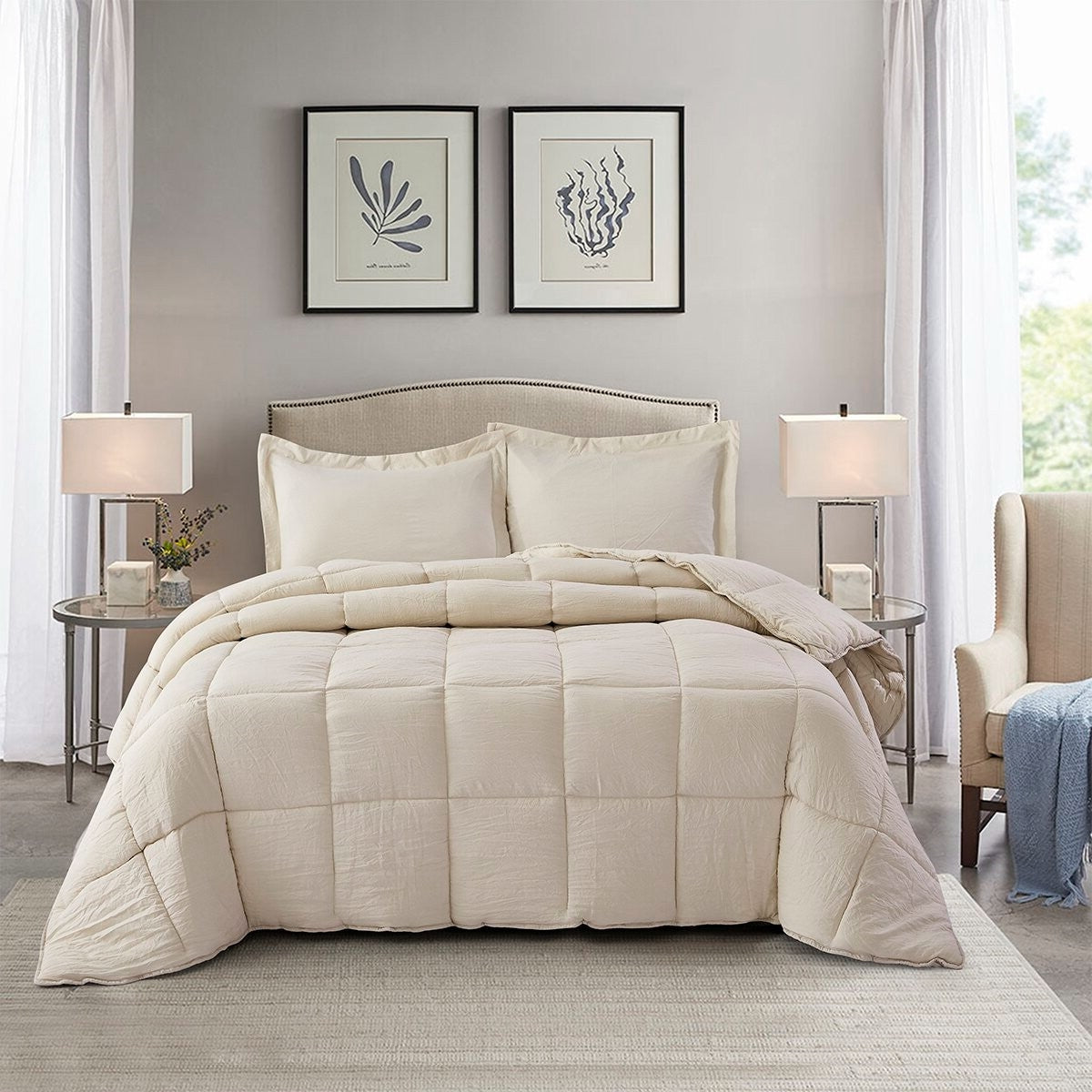 Queen Size Beige 3 Piece Microfiber Reversible Comforter Set LuxuryLifeWay Online Store