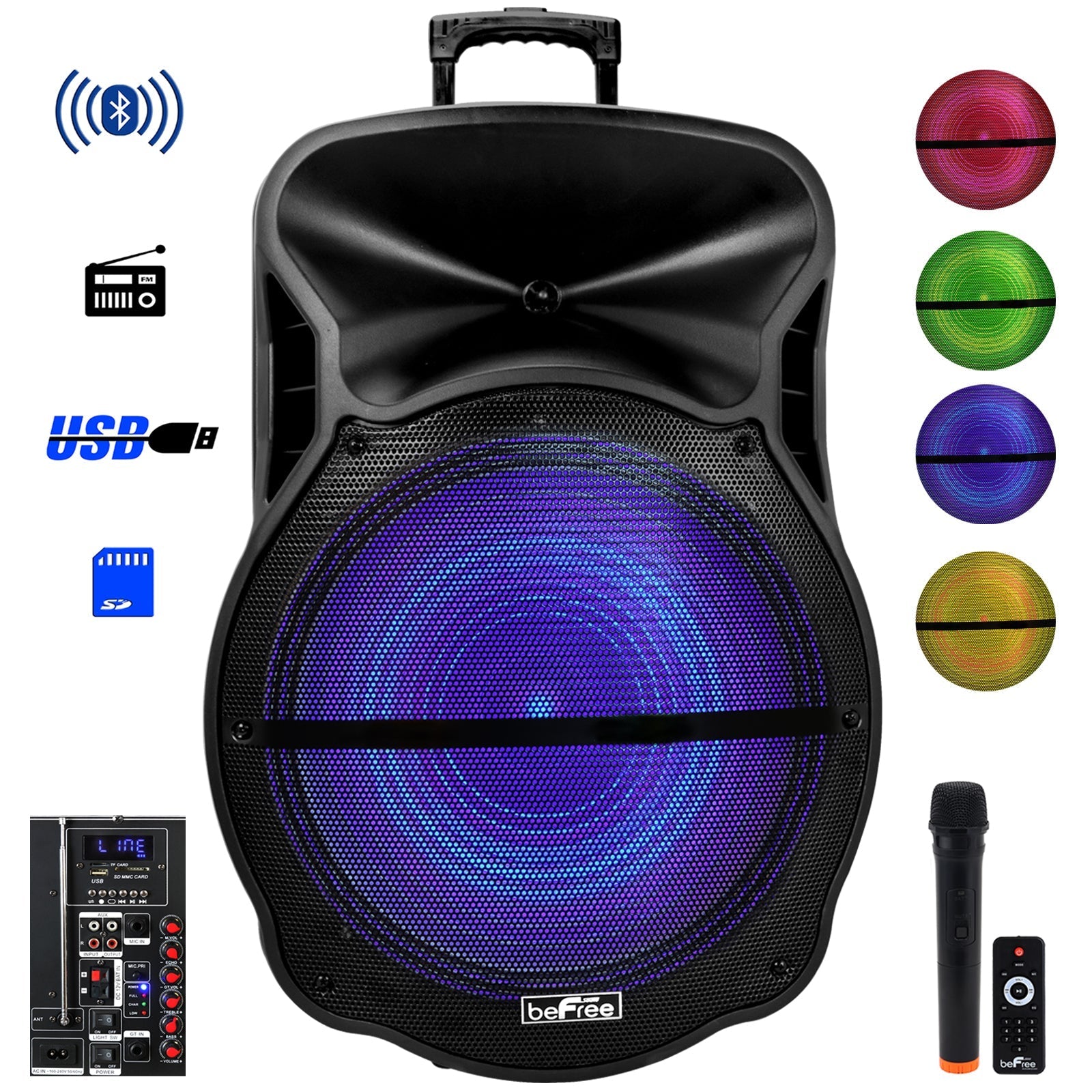 beFree Sound 18 Inch Bluetooth Portable Rechargeable Party Speaker with Sound Reactive LED Party Lights, USB/SD, Microphone/Guitar Inputs and FM Radio LuxuryLifeWay Online Store
