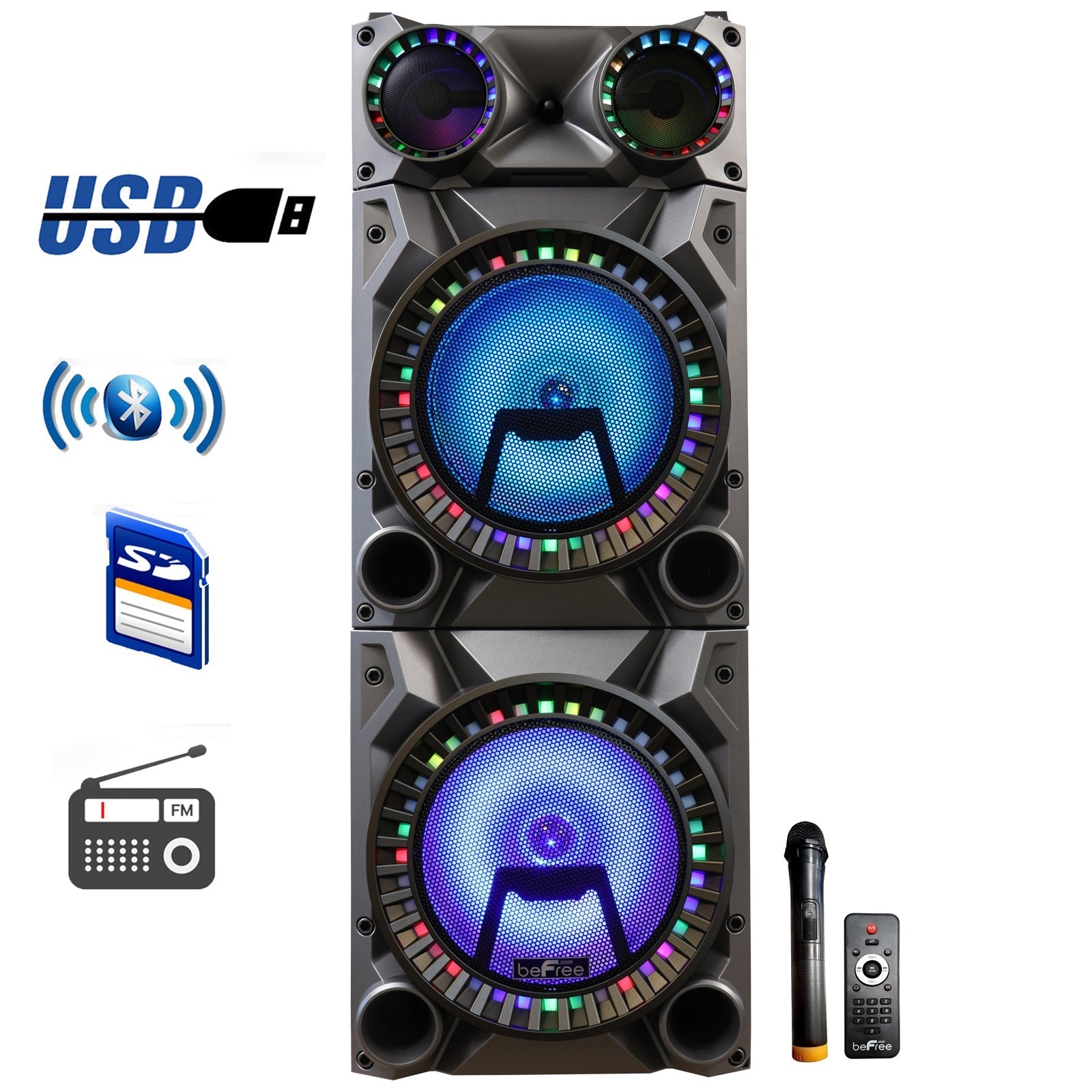 beFree Sound Rechargeable Bluetooth 12inch Double Subwoofer Portable Party Speaker with Dual Layer Reactive Party Lights, USB, SD and AUX Inputs with FM Radio LuxuryLifeWay Online Store
