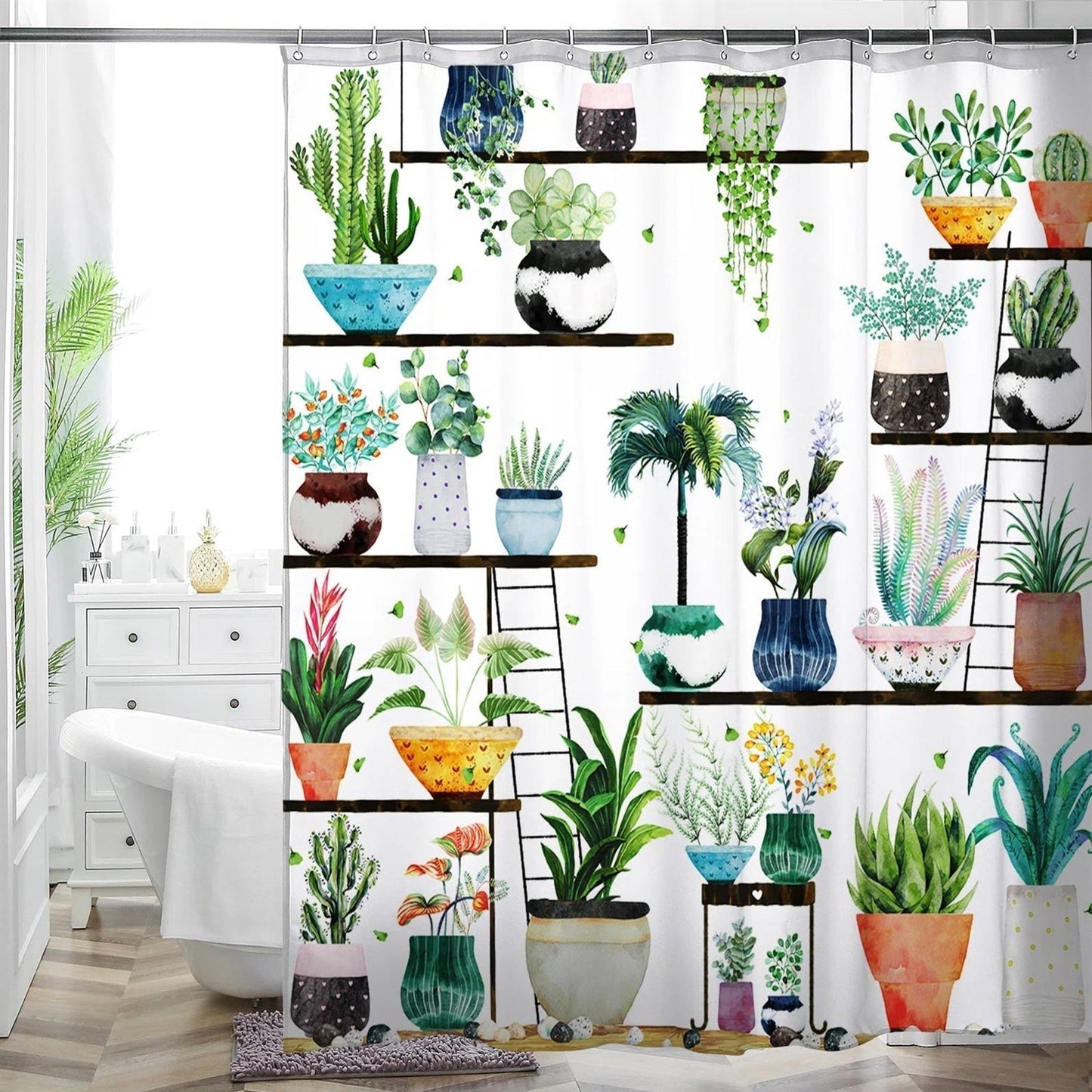 72-in. Watercolor Plants Botanical Floral Flower Pots Succulents Shower Curtain LuxuryLifeWay Online Store