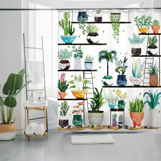 72-in. Watercolor Plants Botanical Floral Flower Pots Succulents Shower Curtain LuxuryLifeWay Online Store