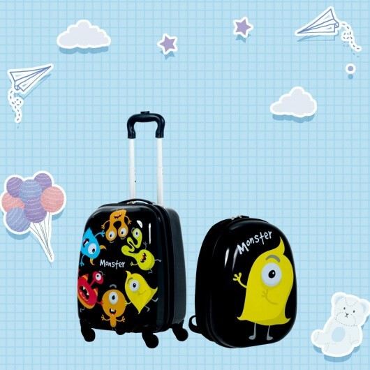 2 Pieces Kids Luggage Set 12 Inch Backpack and 16 Inch Rolling Suitcase - Color: Black LuxuryLifeWay Online Store