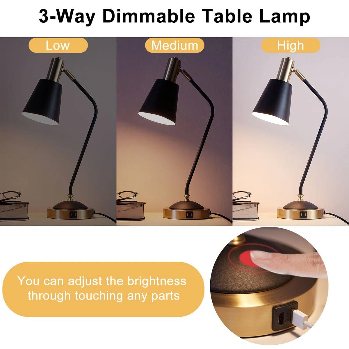 Black/Gold Mid-Century Modern Gooseneck Dimmable Touch Control USB Table Lamp LuxuryLifeWay Online Store