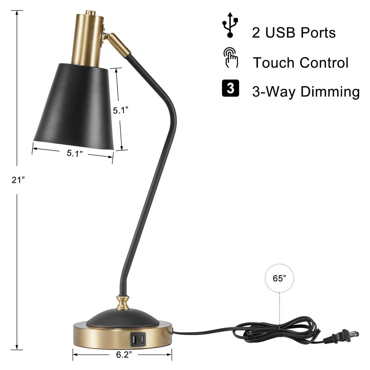 Black/Gold Mid-Century Modern Gooseneck Dimmable Touch Control USB Table Lamp LuxuryLifeWay Online Store