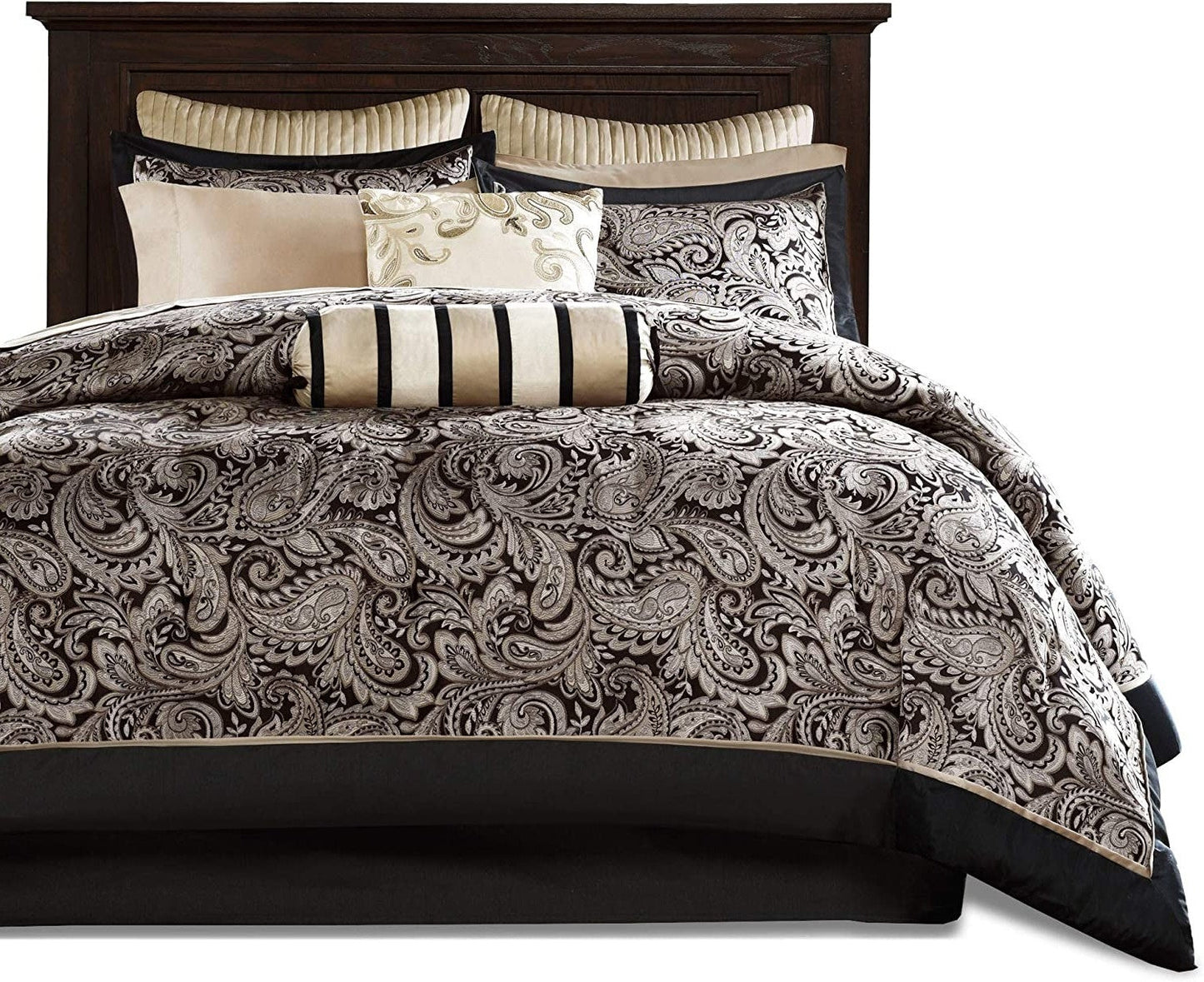 King 12 Piece Cotton Polyester Comforter Set Black Gold Paisley LuxuryLifeWay Online Store