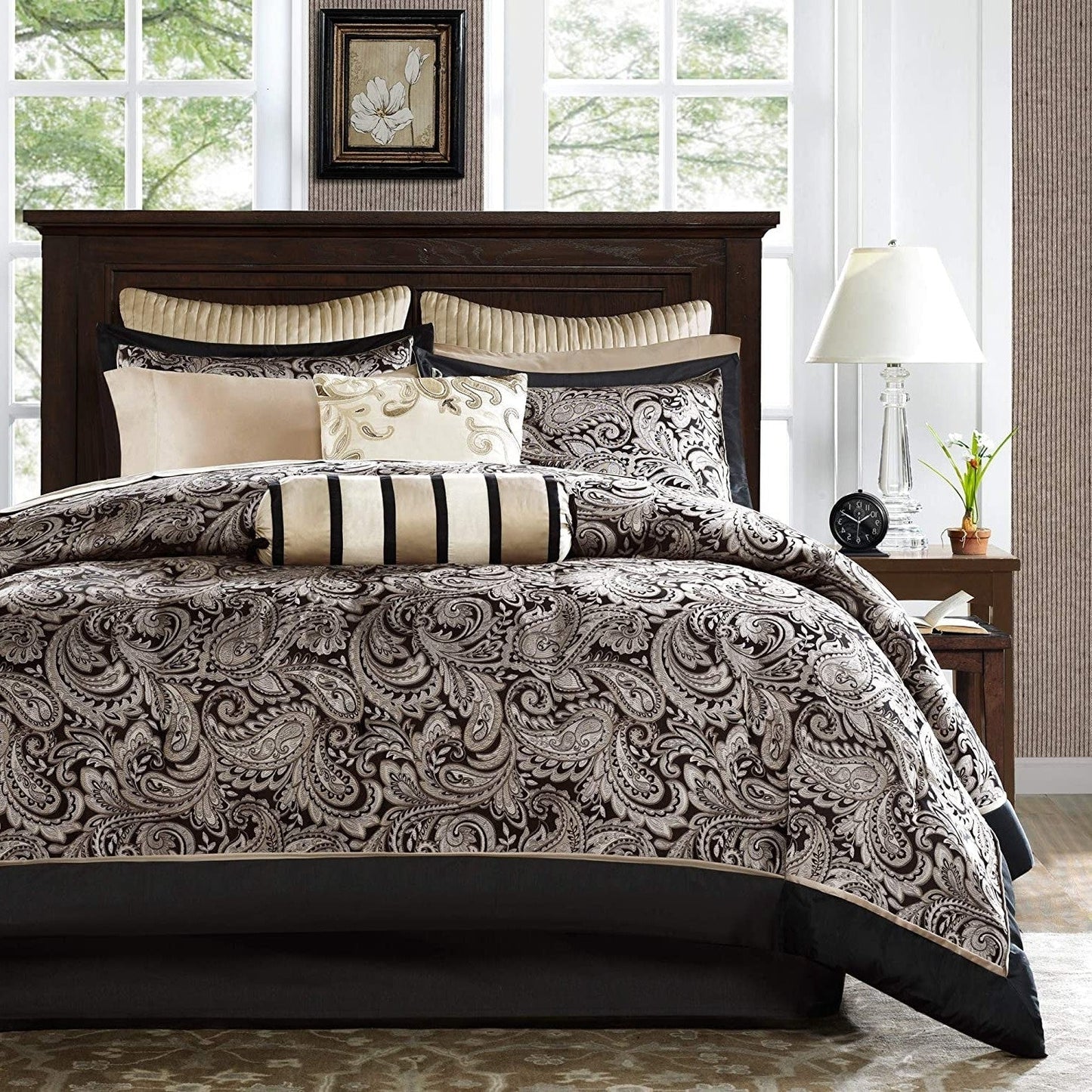 King 12 Piece Cotton Polyester Comforter Set Black Gold Paisley LuxuryLifeWay Online Store