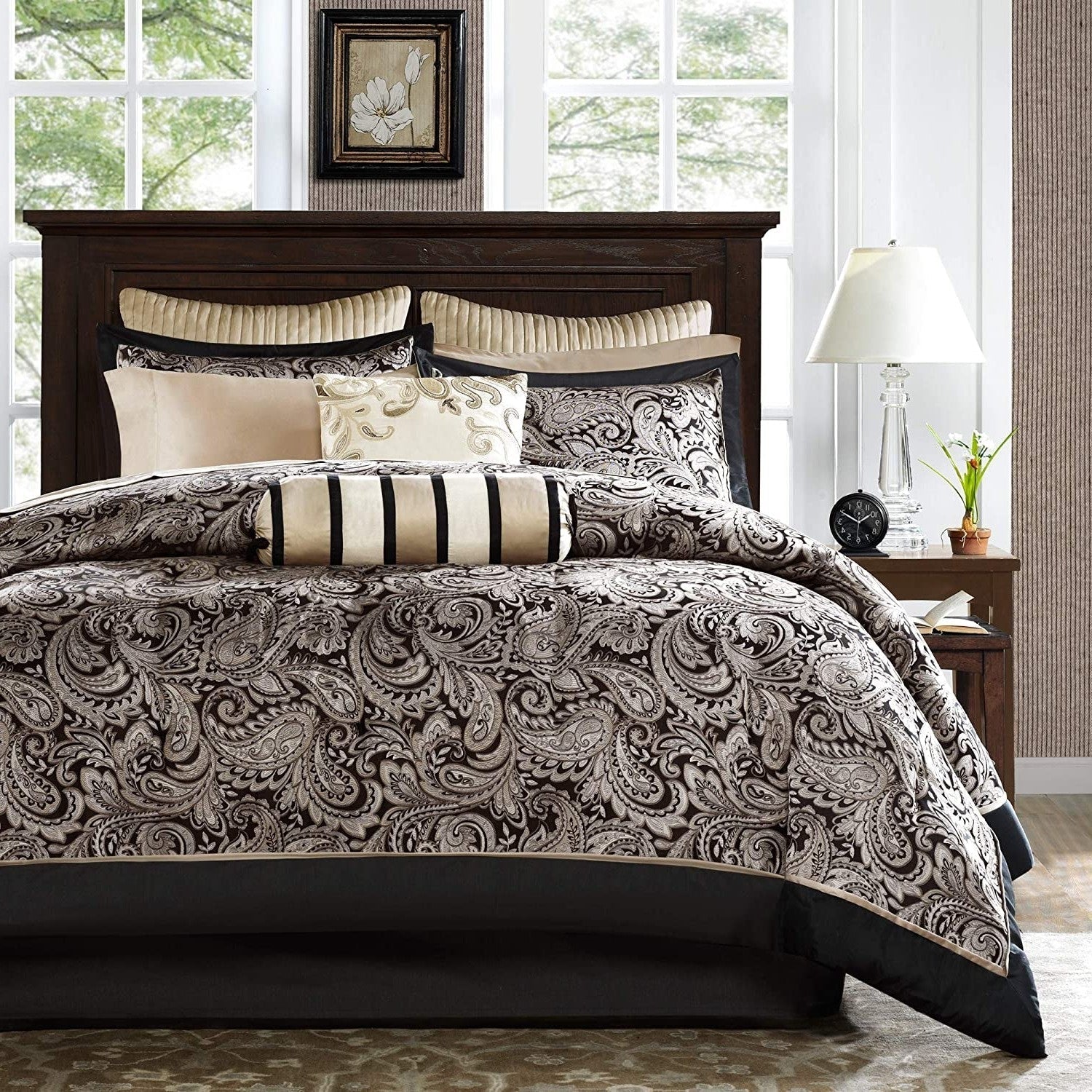 King 12 Piece Cotton Polyester Comforter Set Black Gold Paisley LuxuryLifeWay Online Store