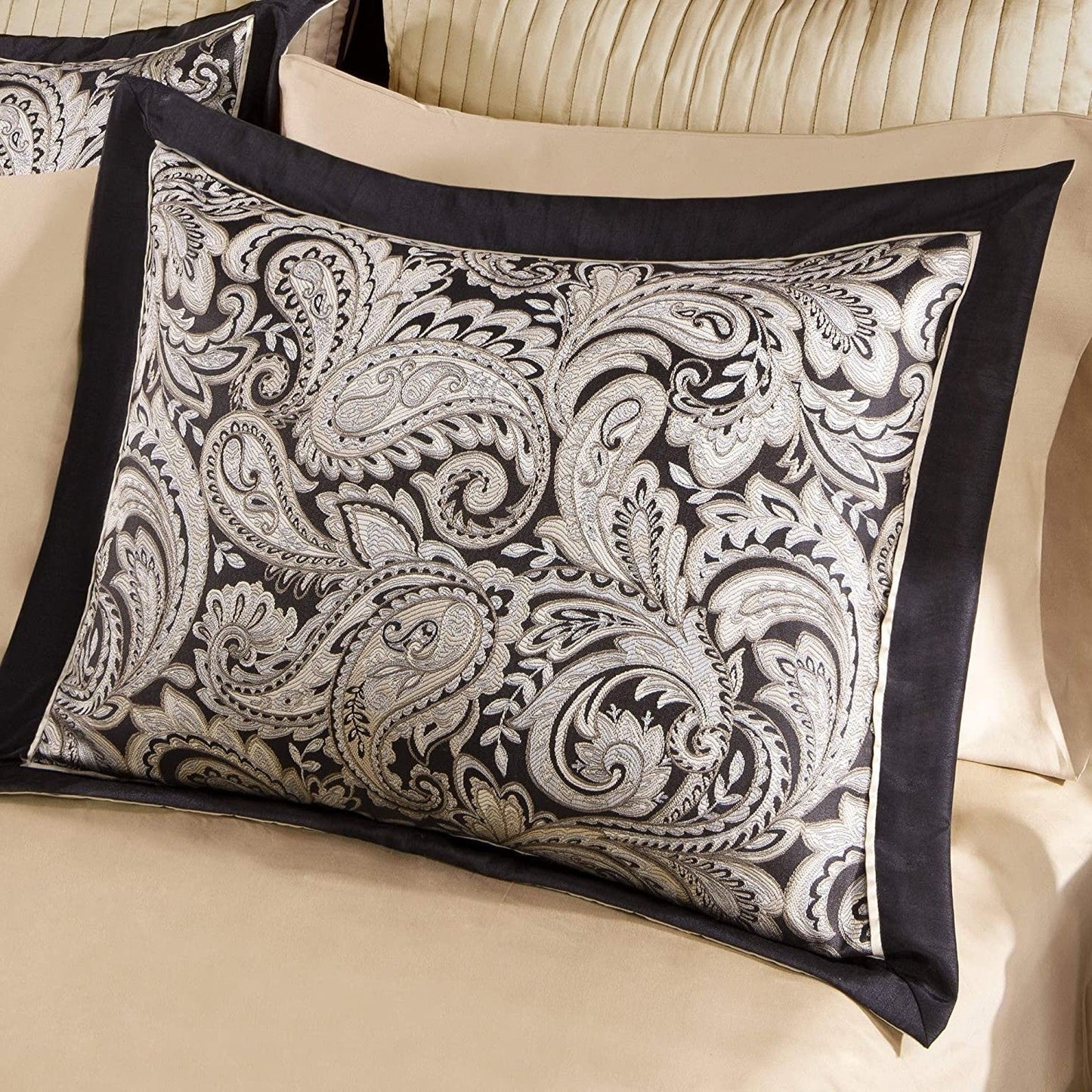 King 12 Piece Cotton Polyester Comforter Set Black Gold Paisley LuxuryLifeWay Online Store