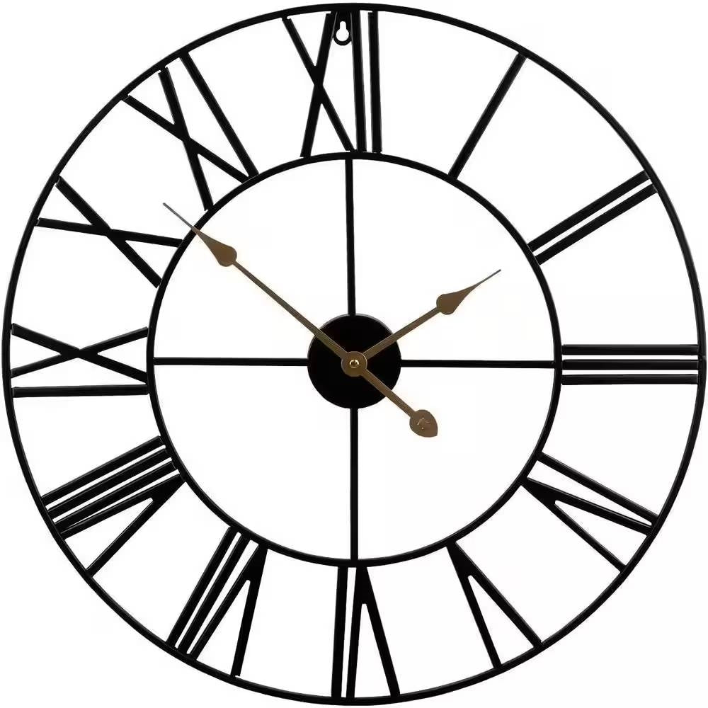 Round 24-inch Black Metal Roman Numeral Wall Clock with Gold Hands LuxuryLifeWay Online Store
