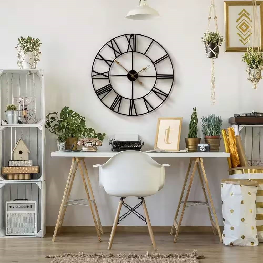 Round 24-inch Black Metal Roman Numeral Wall Clock with Gold Hands LuxuryLifeWay Online Store