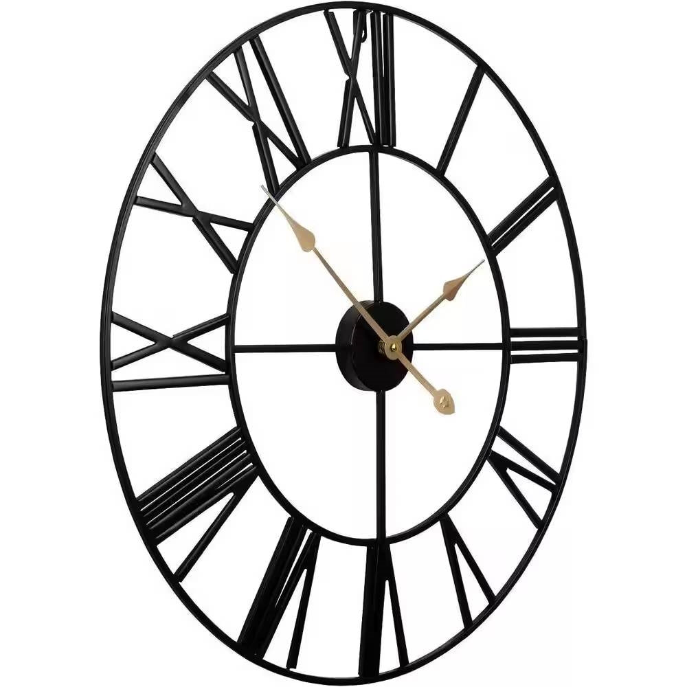 Round 24-inch Black Metal Roman Numeral Wall Clock with Gold Hands LuxuryLifeWay Online Store