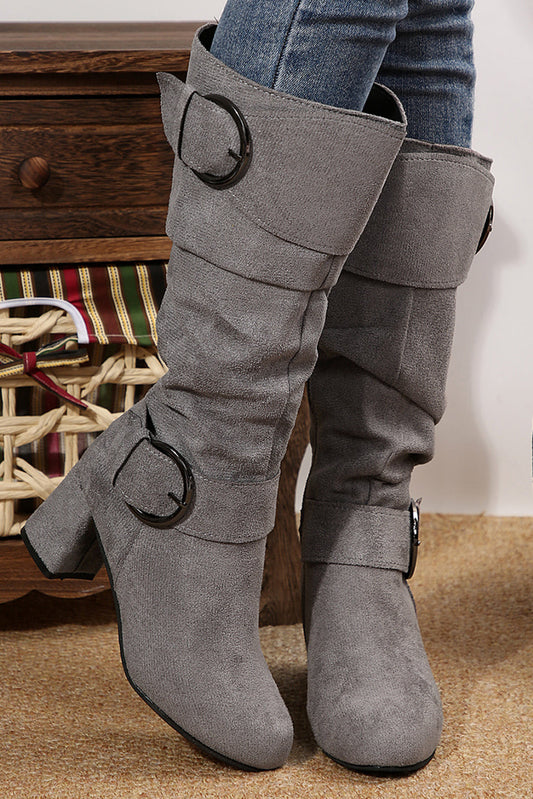 Suede Double Buckled Side Zipped Mid-calf Boots LuxuryLifeWay Online Store