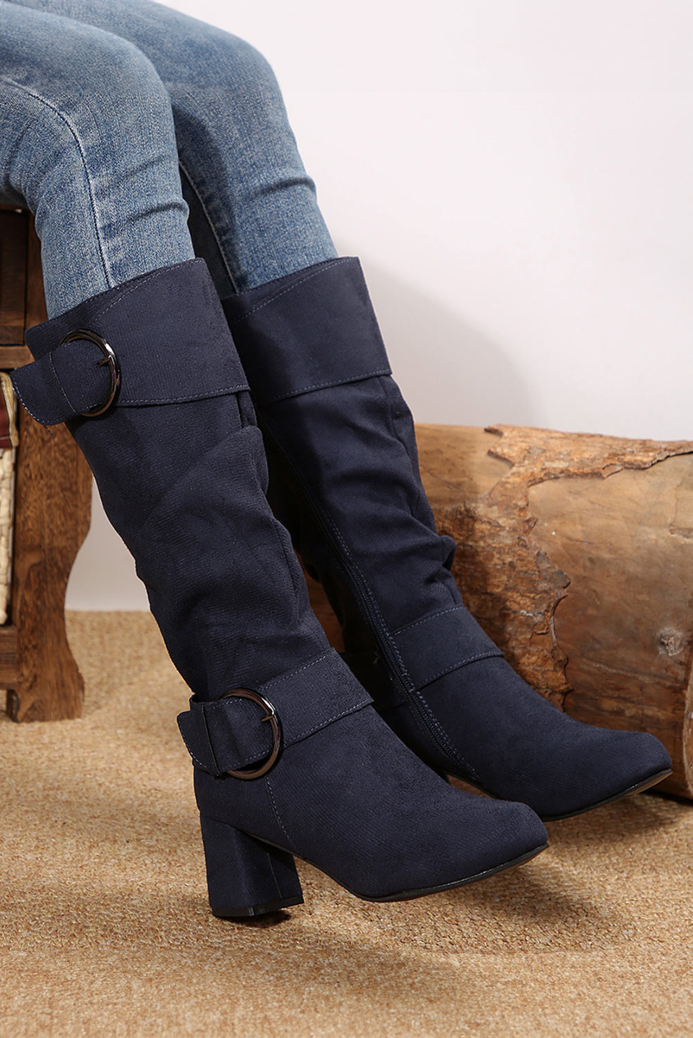 Suede Double Buckled Side Zipped Mid-calf Boots LuxuryLifeWay Online Store