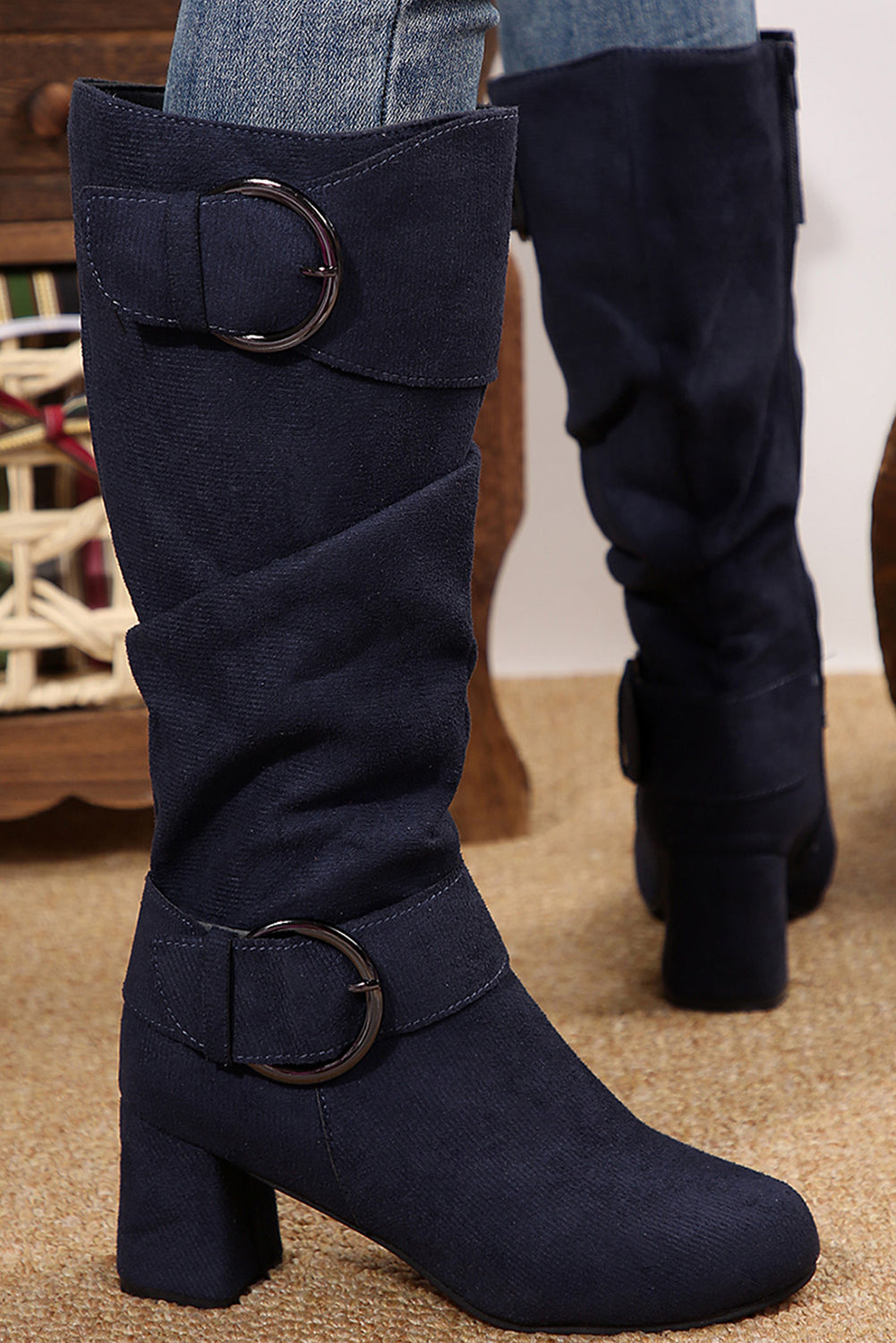 Suede Double Buckled Side Zipped Mid-calf Boots LuxuryLifeWay Online Store