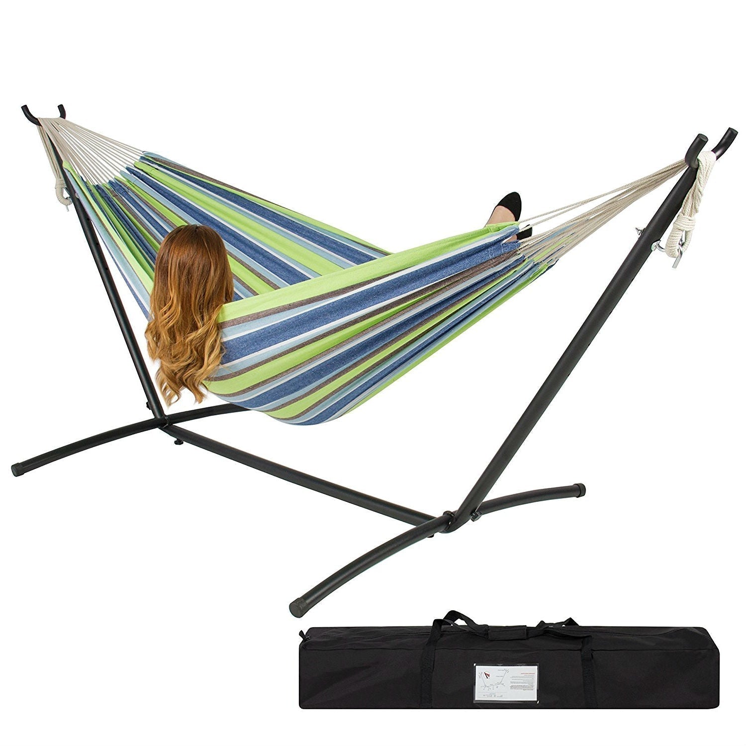 Portable Blue Green Stripe Cotton Hammock with Metal Stand and Carry Case LuxuryLifeWay Online Store