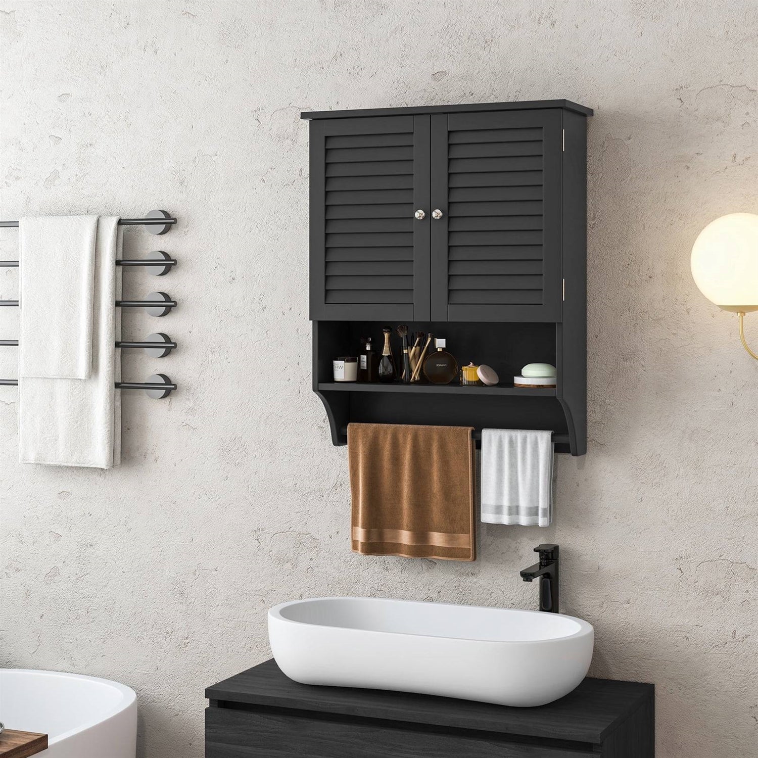 Black Wall-Mounted Bathroom Medicine Cabinet with Louver Doors and Towel Bar LuxuryLifeWay Online Store