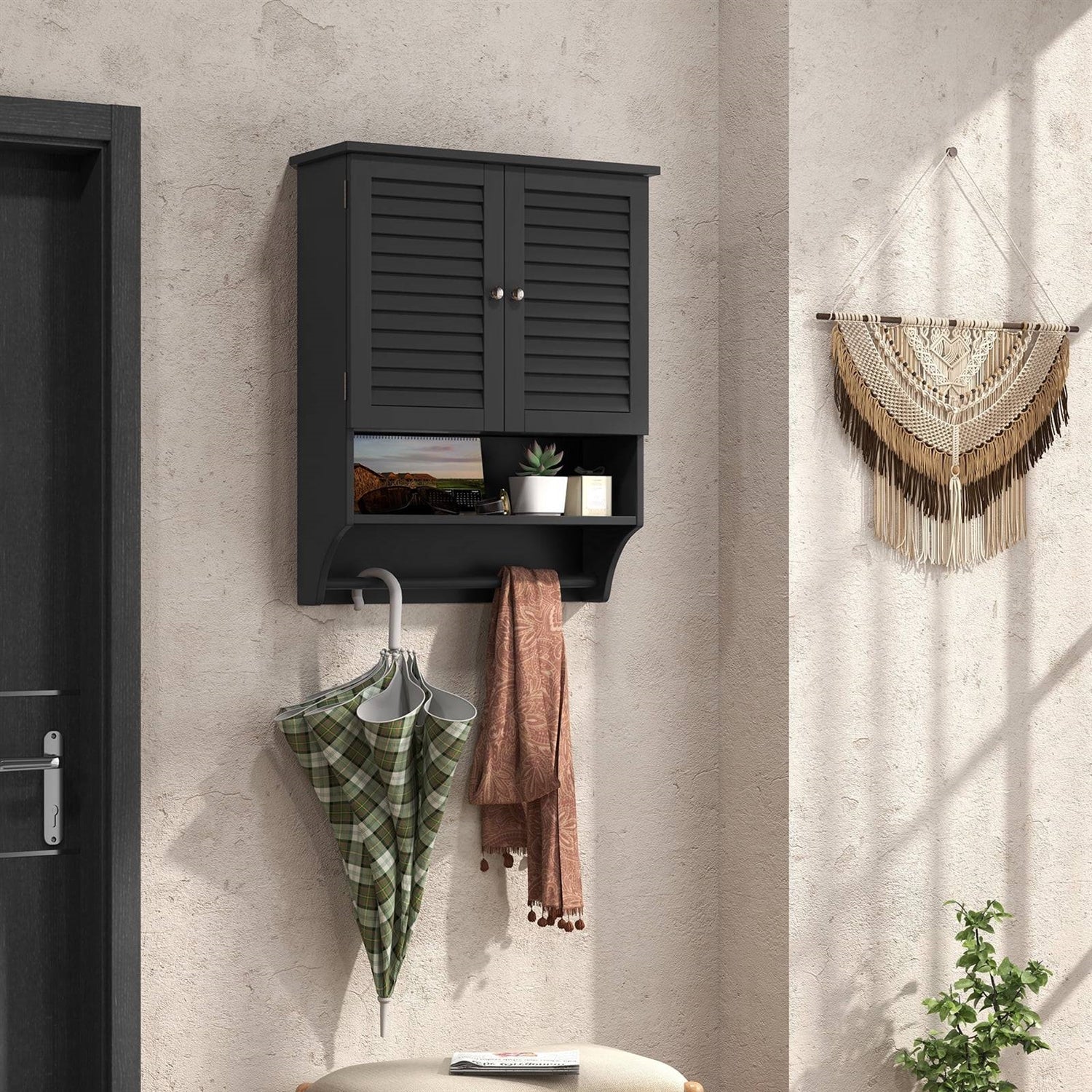 Black Wall-Mounted Bathroom Medicine Cabinet with Louver Doors and Towel Bar LuxuryLifeWay Online Store