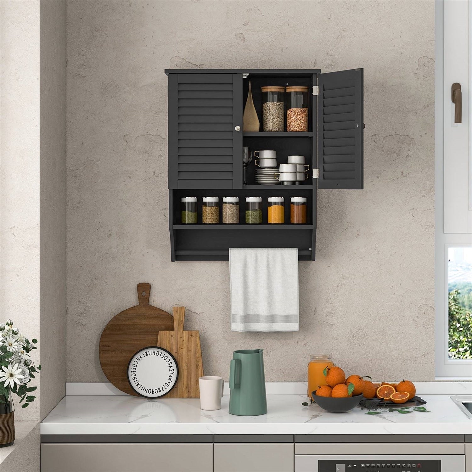 Black Wall-Mounted Bathroom Medicine Cabinet with Louver Doors and Towel Bar LuxuryLifeWay Online Store