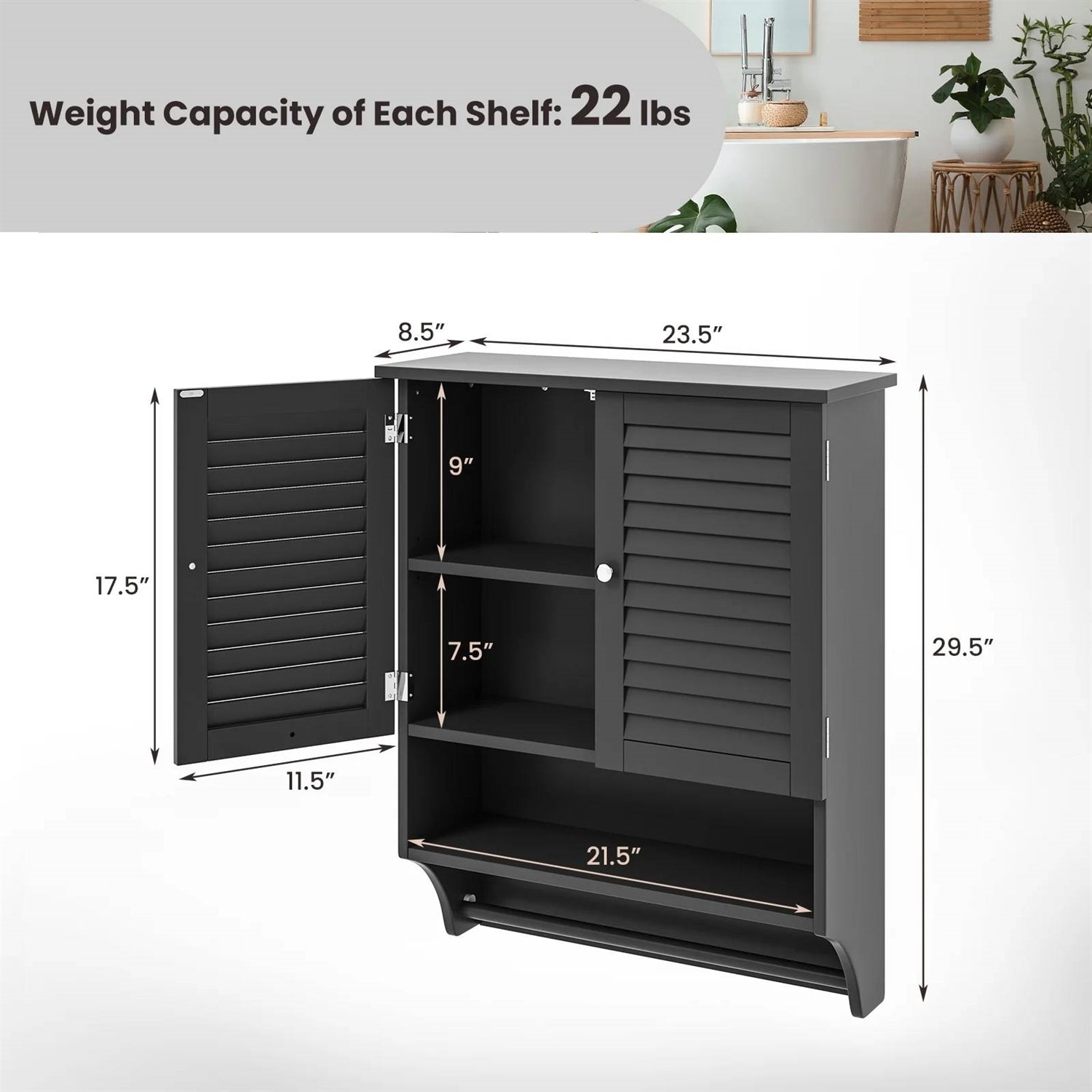Black Wall-Mounted Bathroom Medicine Cabinet with Louver Doors and Towel Bar LuxuryLifeWay Online Store