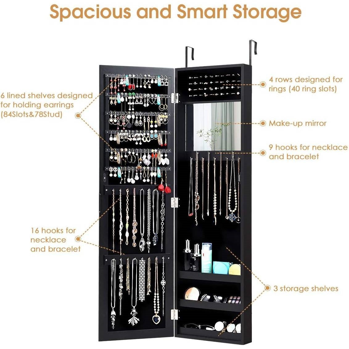 2-in-1 Black Wall or Door Mounted Jewelry Organizer Full Length Mirror LuxuryLifeWay Online Store