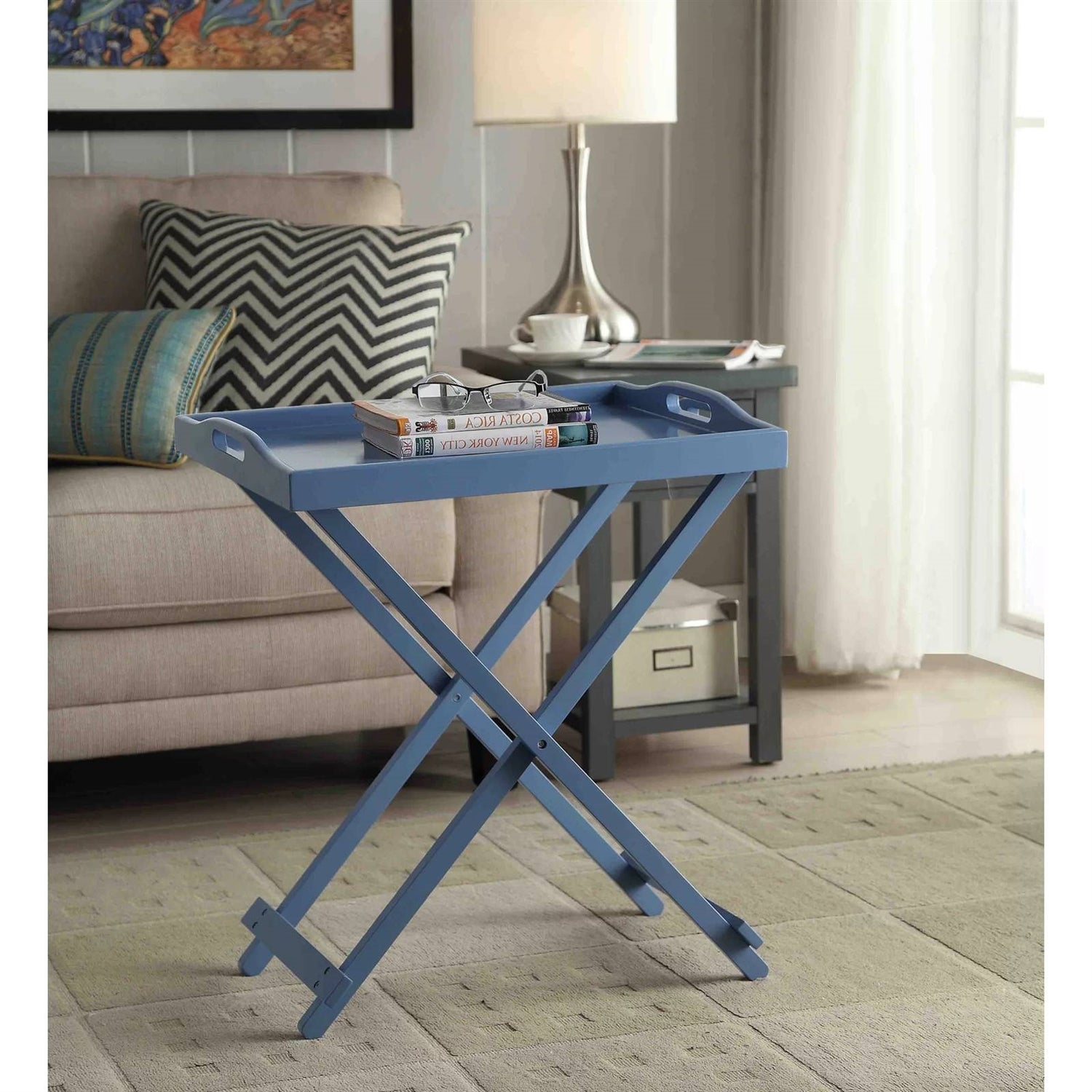 Folding TV Tray Bedside Table in Blue Wood Finish LuxuryLifeWay Online Store