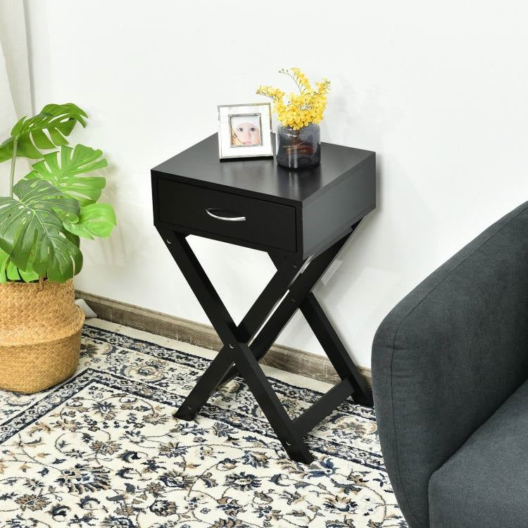 X-Shape 1 Drawer Nightstand End Side Table Storage in Black LuxuryLifeWay Online Store