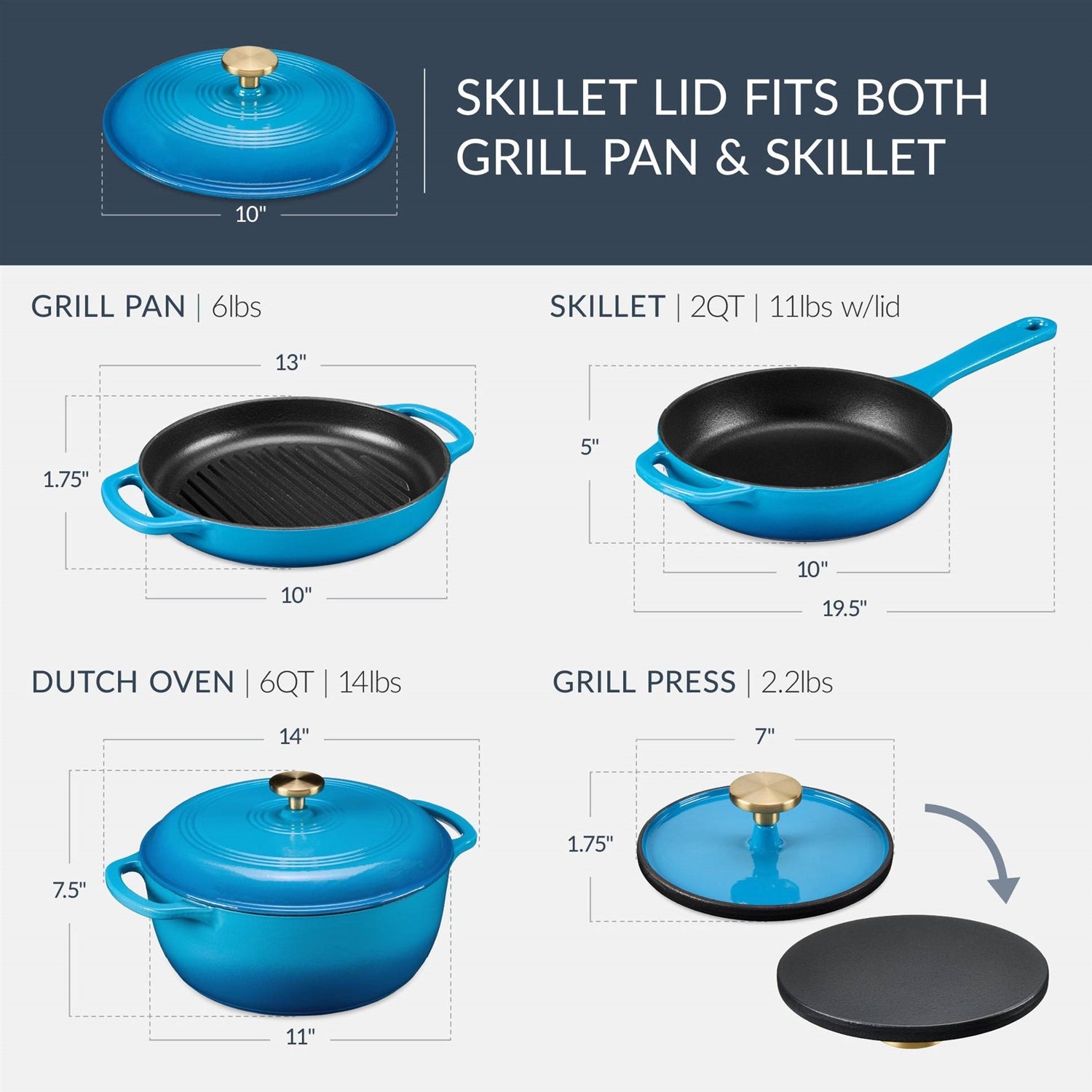 Blue 6-Piece Non-Stick Cast Iron Cookware Set - Skillet Grill Pan Dutch Oven LuxuryLifeWay Online Store
