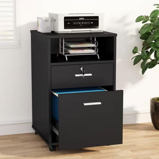 Black Rolling 2-Drawer Mobile File Cabinet Printer Stand Office Cart on Wheels LuxuryLifeWay Online Store
