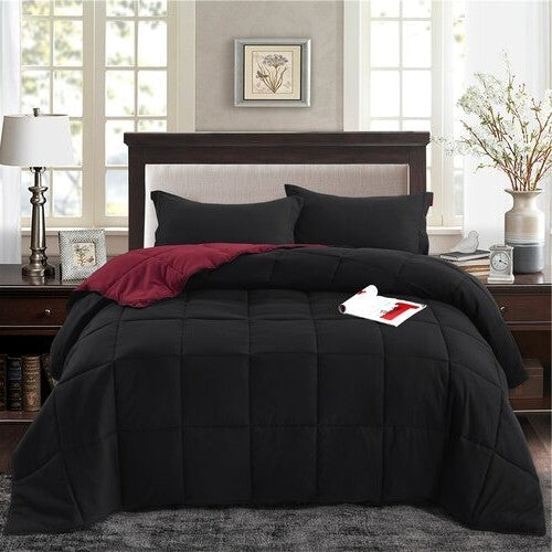 Full/Queen Traditional Microfiber Reversible 3 Piece Comforter Set in Black/Maroon LuxuryLifeWay Online Store