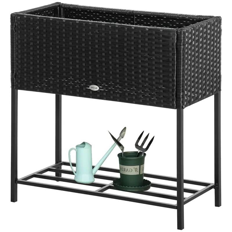 Black Modern PE Rattan Wicker Raised Garden Bed Elevated Planter Box LuxuryLifeWay Online Store