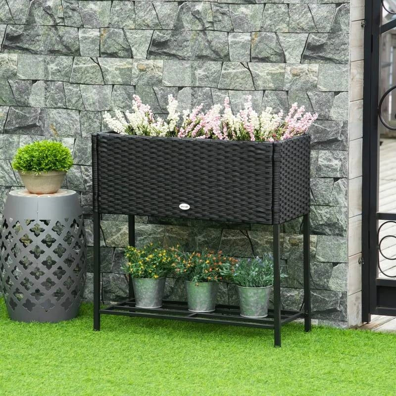 Black Modern PE Rattan Wicker Raised Garden Bed Elevated Planter Box LuxuryLifeWay Online Store