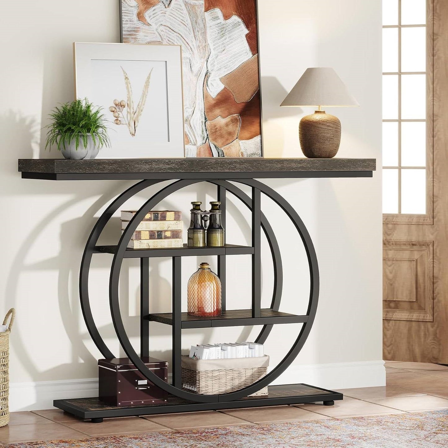 Modern 41-inch Circular Base Foyer Entryway Table with Black Wood Finish Shelves LuxuryLifeWay Online Store