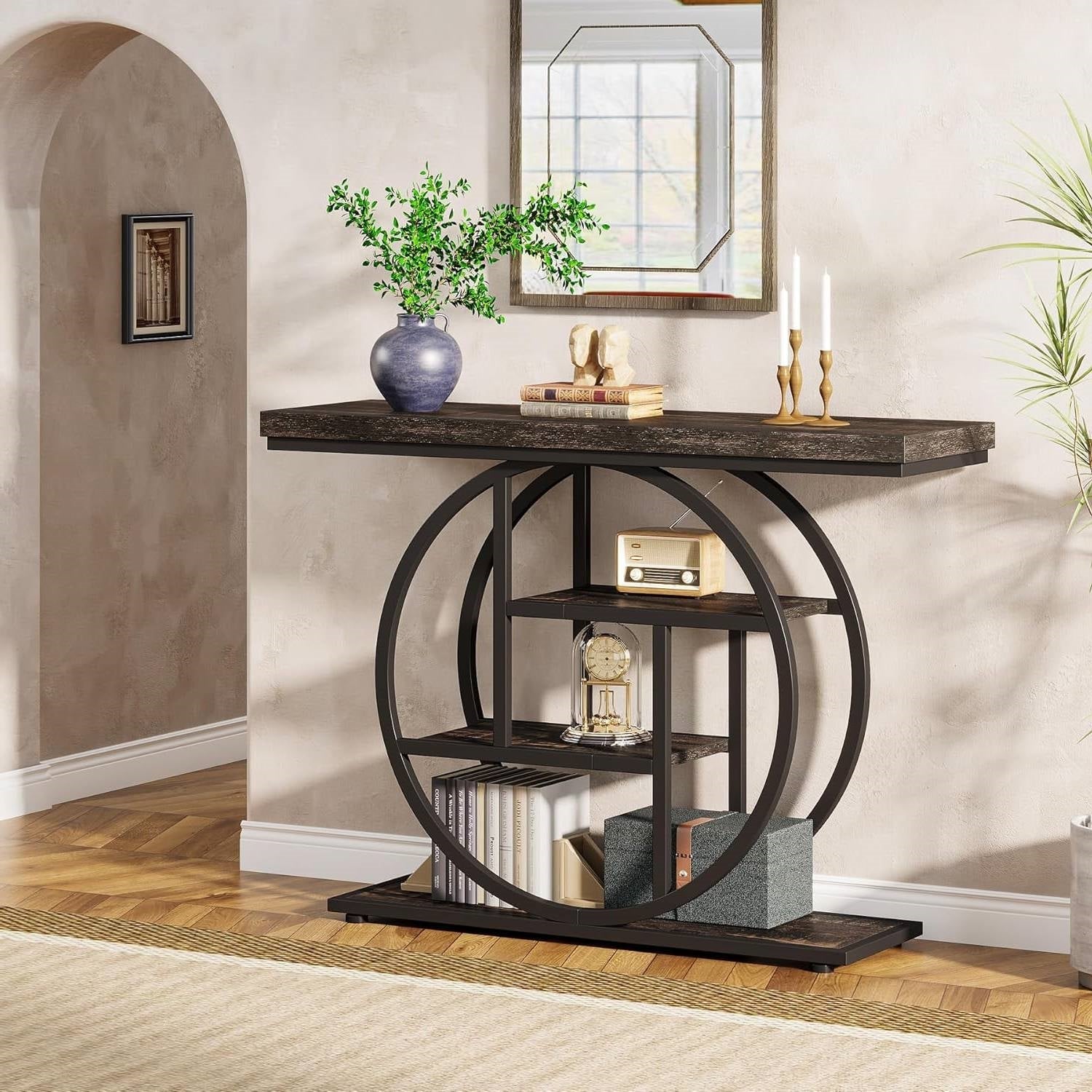 Modern 41-inch Circular Base Foyer Entryway Table with Black Wood Finish Shelves LuxuryLifeWay Online Store