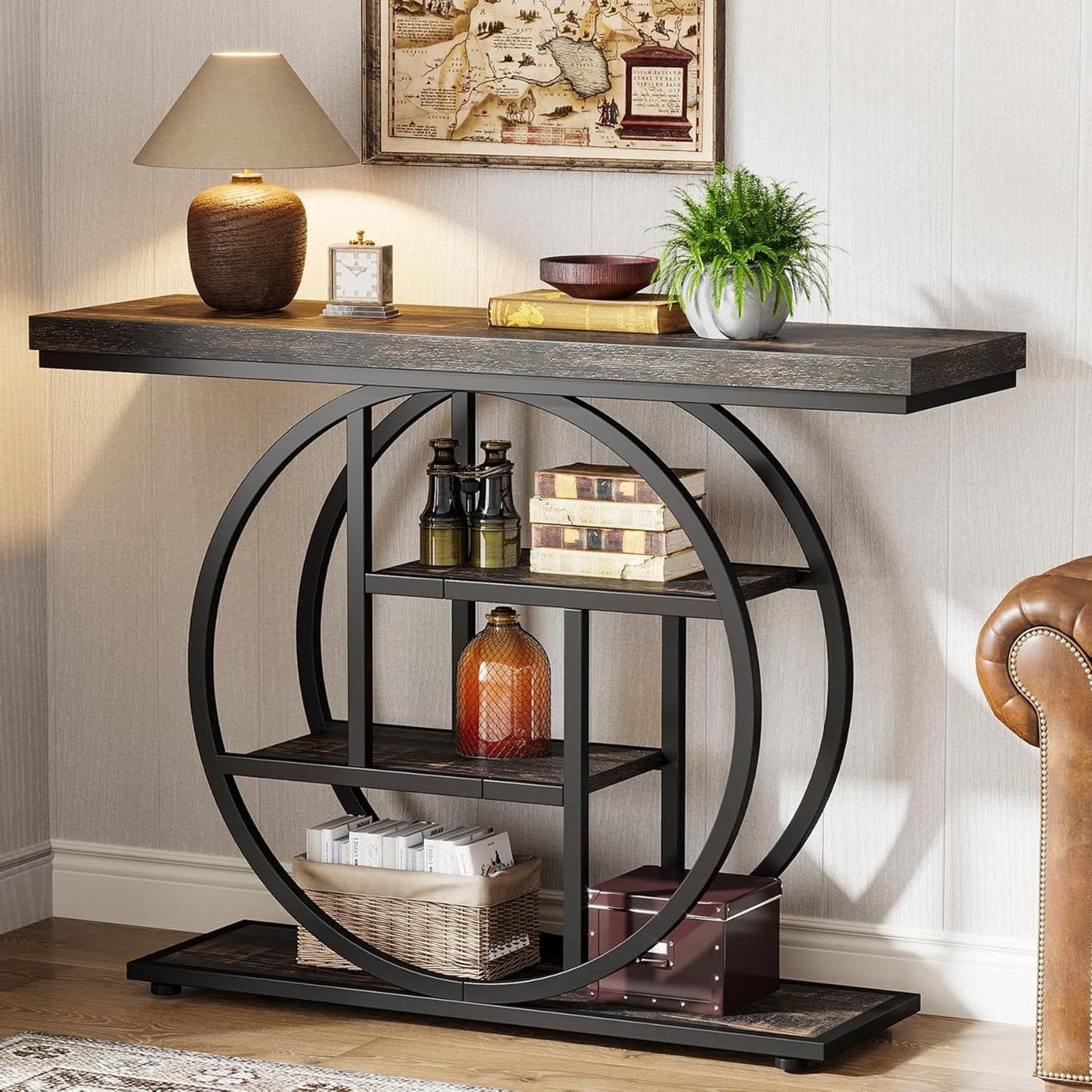 Modern 41-inch Circular Base Foyer Entryway Table with Black Wood Finish Shelves LuxuryLifeWay Online Store