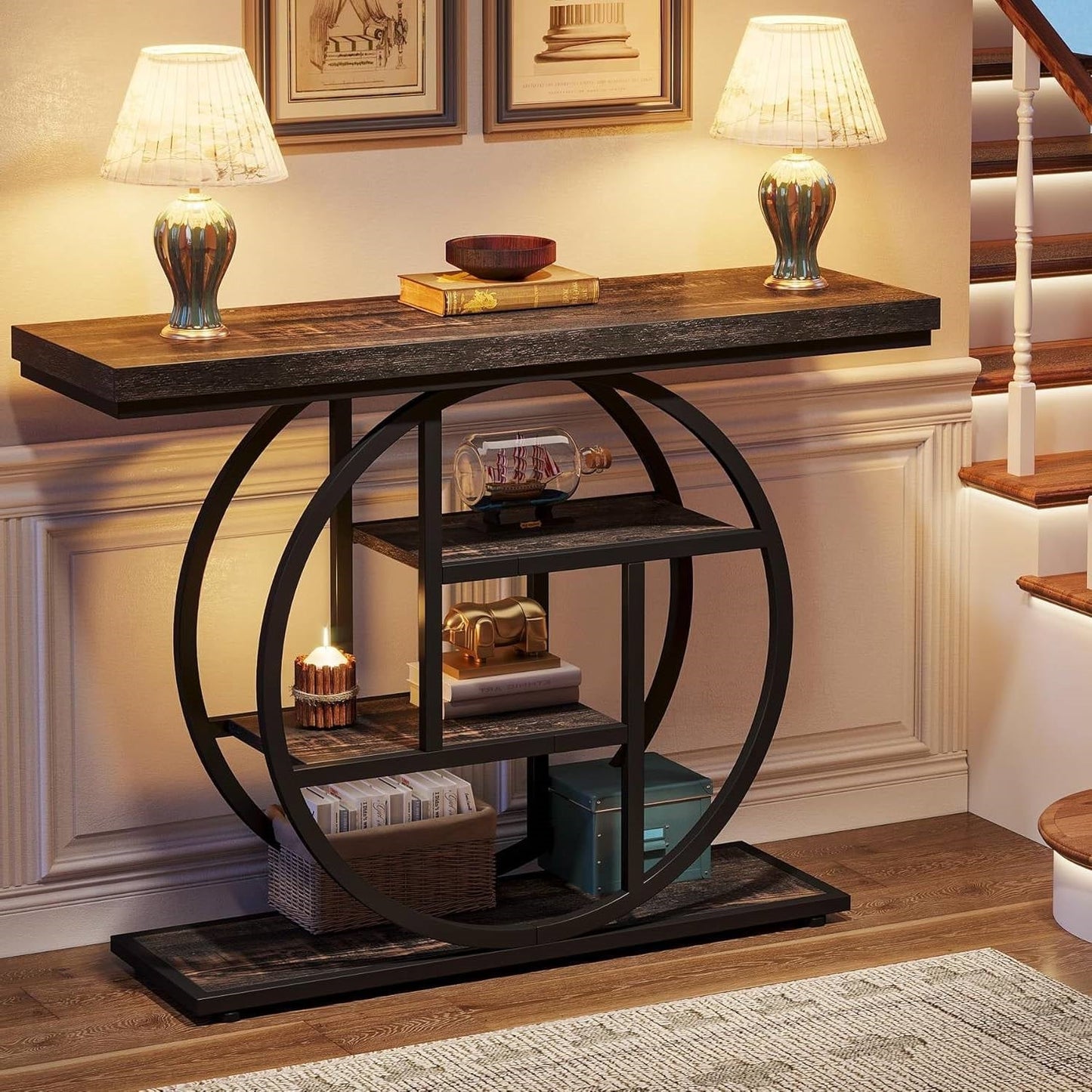 Modern 41-inch Circular Base Foyer Entryway Table with Black Wood Finish Shelves LuxuryLifeWay Online Store