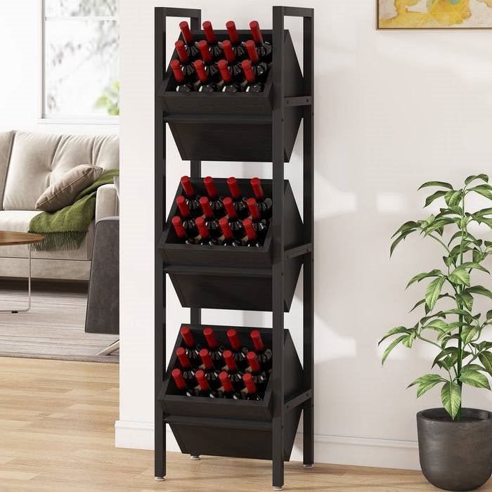 Black Industrial Farmhouse 3 Bin 36 Bottle Wine Rack Storage Display Shelf LuxuryLifeWay Online Store