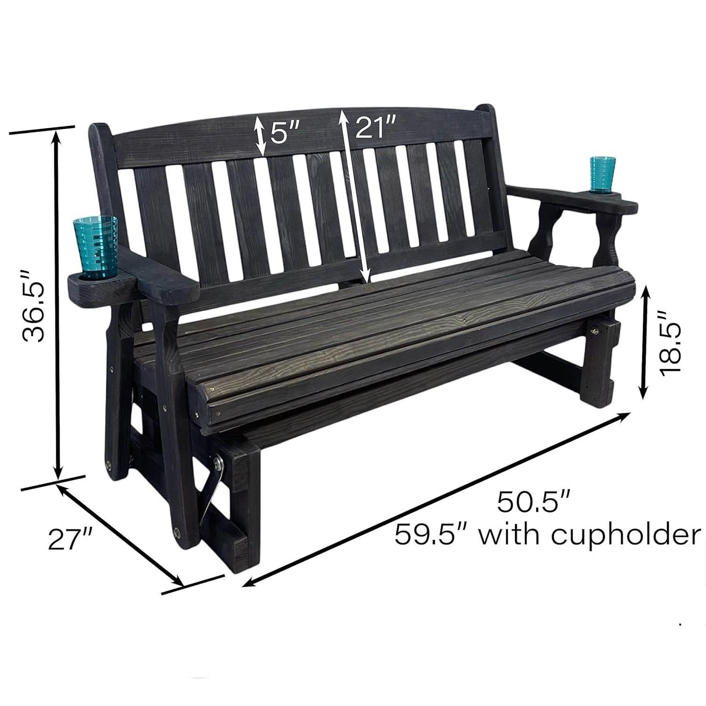 4ft Heavy Duty Black Wooden Porch Glider Bench with Cupholders - Made in USA LuxuryLifeWay Online Store